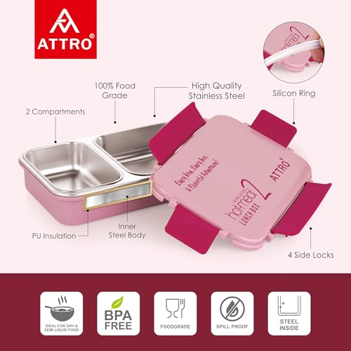 Image of ATTRO Hot-Meal 2 Insulated Lunch Box with 2 Compartment, Inner Stainless Steel & Locking Lid BPA-Free Food Grade Ideal for School, Office - 800ml Peach