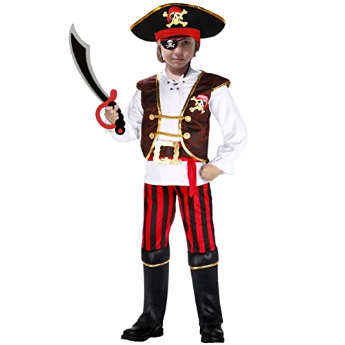 Miniatura 7 de Tacobear Disfraz Pirata Niño Con Pirata Accesorios Pirati Sombrero Parche Brújula Bolso Pendiente Pirati Capitán Disfraz De Halloween Carnaval Para Niños Infantil 4 5 6 7 8 9 10 Años T, 3-4 Años