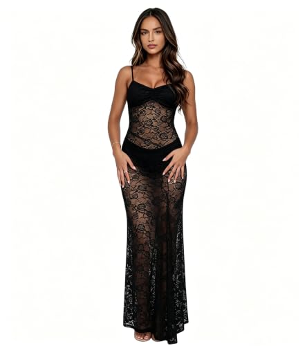 Image of PORRCEY Women's Sexy Rhinestone Lace Sheer Mesh Formal Evening Dress