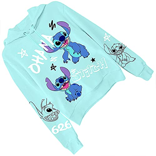 Ladies Lilo And Stitch Sweatshirt - Ladies Classic Lilo And Stitch Ohana - Multi Print Allover Hoodie Sweatshirt (Sky Blue Hoodie, Medium) #TOP4