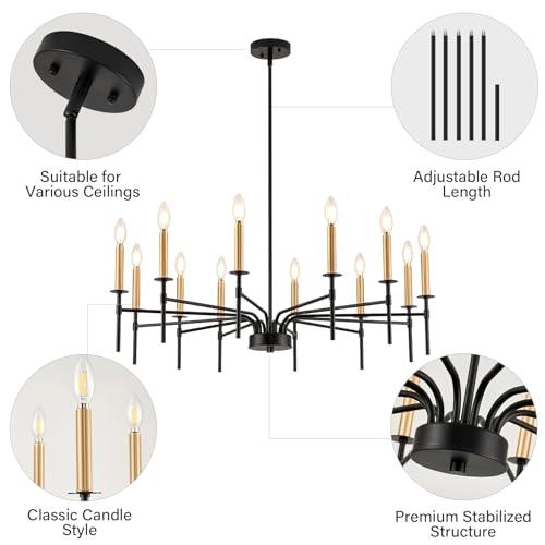 ONESMING 12 Light Modern Farmhouse Black and Gold Chandeliers for Dining Room Light Fixture, Metal Candle Chandelier Lighting Fixtures for Living Room Stair Foyer Entryway Bedroom Kitchen by ONESMING - Used condition - Image 7