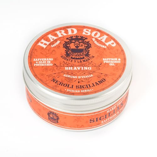 ABBATE Y LA MANTIA: Jabón de afeitado Neroli Siciliano – Hidratante, iluminador y antiedad – con aceite de pistacho y azafrán – 150 g – Fabricado en Italia