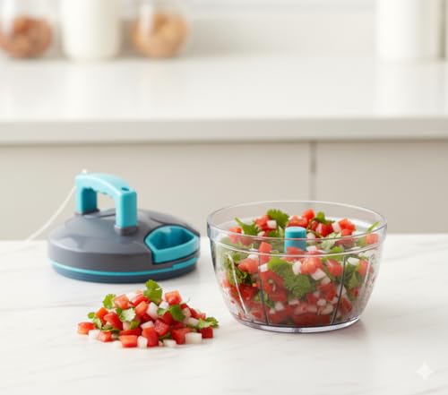 Image of Vegetable Chopper Manual Food Chopper, Black Blue, 500 Milliliters | Stainless Steel Blades, Onion Cutter, Garlic Cutter, Chilli Cutter