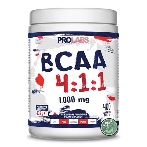 PROLABS – Bcaa Aminoacidi Ramificati Compresse 4.1.1, Amminoacidi 100% Veg con Vitamina B6, B1 e L-Leucina (4 parti) Crescita e Recupero Muscolare, Integratore Post e Pre Workout, 400 Tablet (1000 mg)