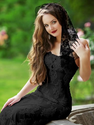 Fourluoo 3 Pcs Mantilla Catholic Veil for Church Chapel Lace Christian Veils Head Covering Scarf for Bridal Women(Black,Classic)