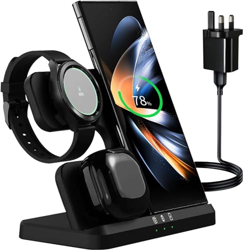 Samsung Galaxy S24 Ultra Wireless Charging Station, Fast Charger with 18w Adapter for S24 S23 Ultra S22 S21, Z Flip Fold Series, Note 20/10/9 & Buds 2 Pro/LiveSamsung Galaxy Watch 5 Pro/4/3 （Black)