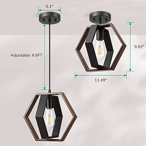 Edishine Pendant Lights For Kitchen Island, Farmhouse Hanging Light Fixture With Wood Grain And Black Finish, Adjustable Height Pendant Light For Kitchen Table, Hallway, Entry, Culus Listed #TOP3