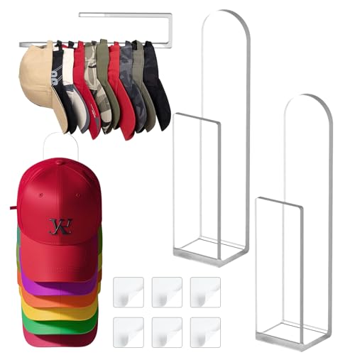 Palksky Hat Racks for Baseball Caps, 2Pack Acrylic Hat Organizer for Men Women, Strong Adhesive Hat Holder for Wall Door Closet, Sticky Clear Hat Hooks Display and Storage