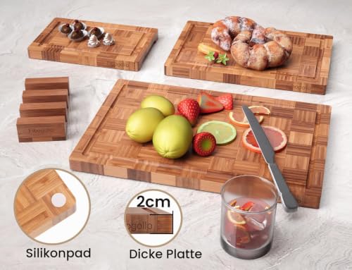 Fibogollo 3er Set Bambus Schneidebretter,2cm dicke Schneidebrett Küche mit Saftrille und Bracket,Brotbretter und Servierbretter,Bretter Kuche Groß Mittel und Klein – Bild 5