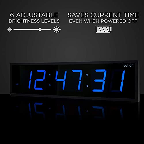 Image of Ivation Huge Oversized 48 inch Large Digital LED Clock | Big Digital Clock w /Multi-Function Display - Stopwatch, Timer, Alarms, Temp & Date | 6 Brightness Levels, Time Memory & Remote (Blue) | Multi-function with Timer, Stopwatch, Alarms, Temp & Date, Aluminum frame, 6 Brightness levels, Time memory, Remote | Blue