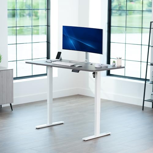 Image of VIVO Dark Gray 60 x 30 in Standing Desk, DESK-KIT-1W6G-30 | Electric, Holds 220 lbs, Sit Stand, Height Adjustable, Extra Deep Table Top, Memory Presets, 1B Series, White Frame