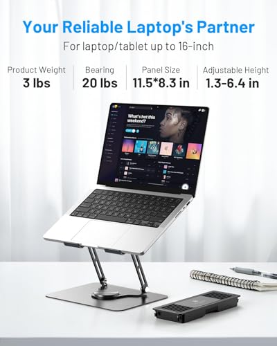 METFUT Laptop Cooling Stand with Detachable Thermoelectric Cooler, Adjustable Height & Angle, 360 Rotation Base, Carbon Steel Framework, Ultra-Quiet & Super Sturdy for up to 16” Laptop (Black) - Image 7