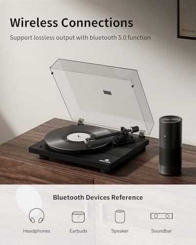 Plattenspieler aus Holz mit Bluetooth 5.0 und Phono-Vorverstärker