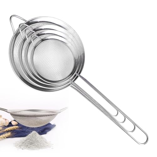 Juego de 4 coladores de cocina, 7/10/14/18 cm, acero inoxidable con mango reforzado, colador doméstico para escurrir pasta, quinua, azúcar en polvo, verduras, frutas, té (plata)