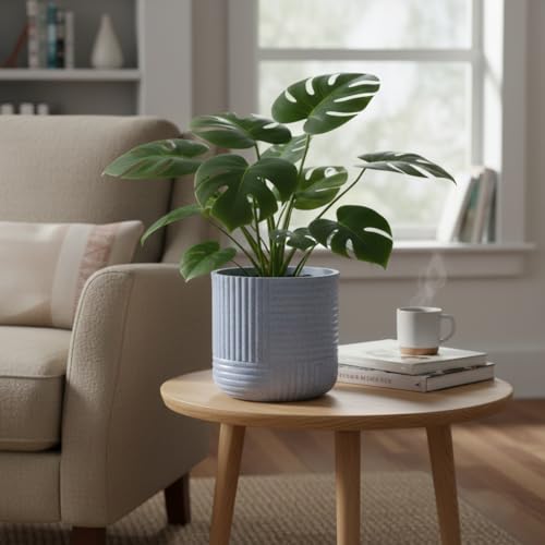 Image of Bonkaso 12 Inch Ribbed Planter Pot for Indoor & Outdoor Use | Round Heavy Duty Polymer Flower Pot | Lightweight Weather Resistant Modern Gamla for Living Room Balcony & Terrace (White)