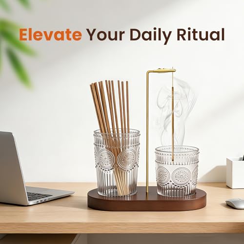 2 in 1 Incense Holder for Sticks, Vintage Glass Upside Down Incense Burner with Removable Ash Catcher & Solid Wood Base, Anti-Ash Flying Catcher for Meditation, Yoga, Spa & Home Decor- Brown - Thumbnail 5