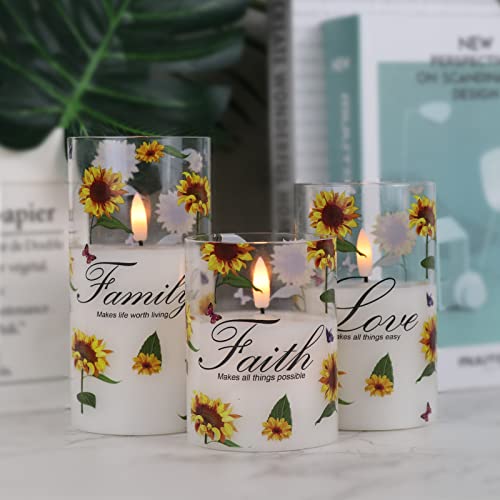 Wondise Flameless Glass Pillar Candles With Remote & Timer, Battery Operated Led Flickering Sunflower For Home Decoration, Set Of 3 #TOP1