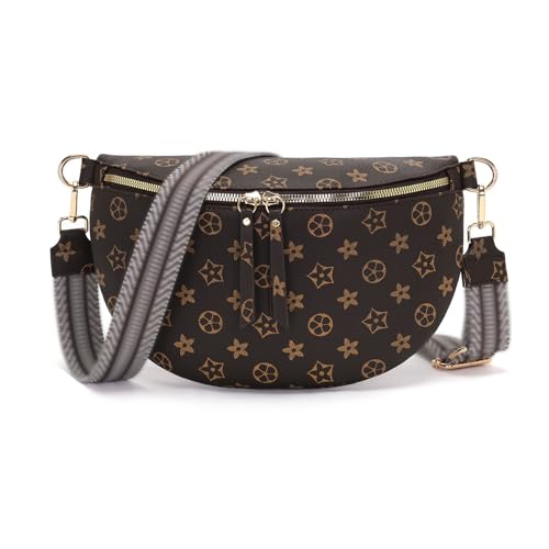 RQJZ 30x20cm Groß bauchtasche damen Vegan Leder umhängetasche damen crossbody bag gürteltasche mit breitem gurt für Alltag und Reise Braunbedruckt