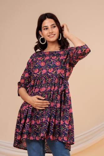 Image of THE Moon Star Women's Cotton Floral Printed Anarkali Maternity Feeding Kurti | Breastfeeding Dress for Mothers | Zipper Feeding Kurti, Nursing Kurti, Comfortable and Trendy Maternity Wear