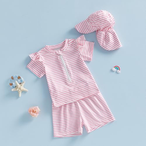 Baby Toddler Girls Swimsuit Infant Girl 6 12 18 24M 2T 3T 4T Bathing Suit Swimwear 3Pcs Set Rash Guard Hat (Pink, 12-18 Months) - Thumbnail 3
