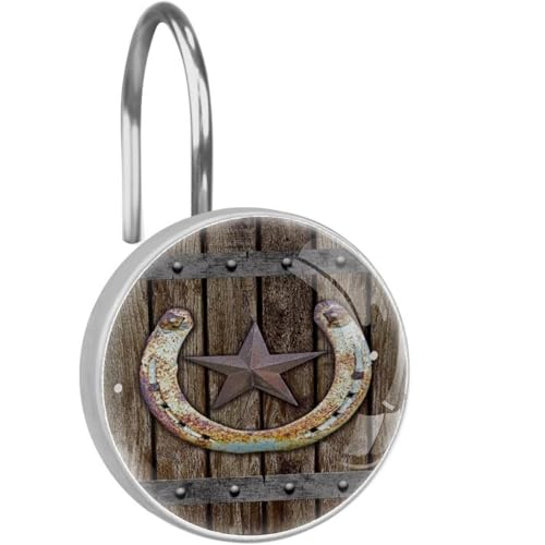 Rustic Farmhouse Horseshoe Texas Star on Old Barn Wooden 12 Pack Shower Curtain Hooks Decorative Shower Curtain Hook and Ring Set ABS Resin Anti-Rust Bathroom Curtain Rings
