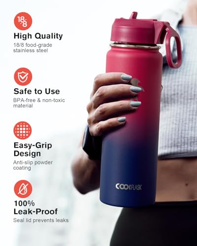 Image of Coolflask 24 oz Insulated Water Bottle with Straw & 3 Leakproof Lids