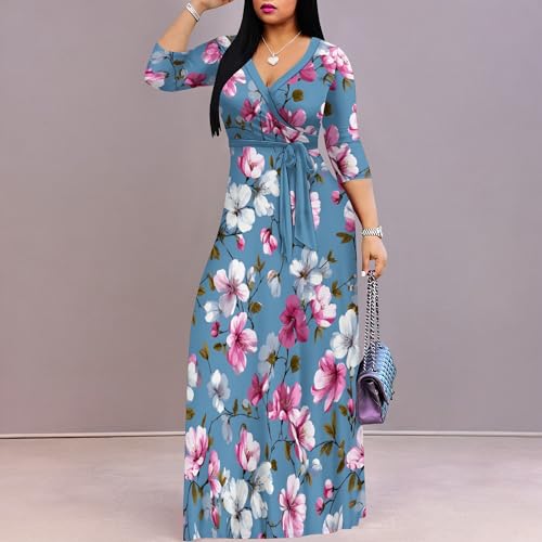 Image of Women Plus Size Long Sleeve V Neck Maxi Dress with Belt | Soft fabric relaxed fit three quarter sleeve v neck with pockets for party and daily wear