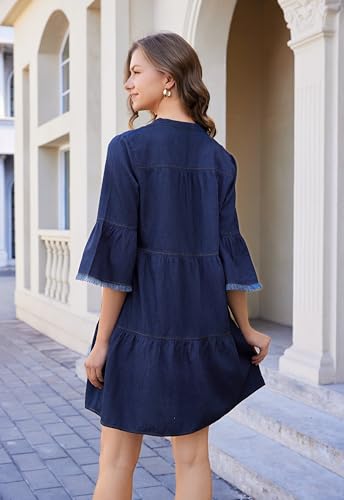 OVRUNS Women's Denim Dress V Neck Tiered Jean Dress Flowy Babydoll Dresses2