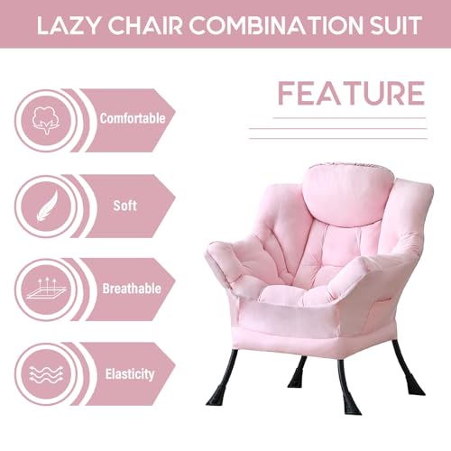 Image of LITA Lazy Chair with Armrests and Side Pocket, Modern Upholstered Accent Reading Chair for Living Room, Bedroom, Dorm, Small Spaces, Single Pink