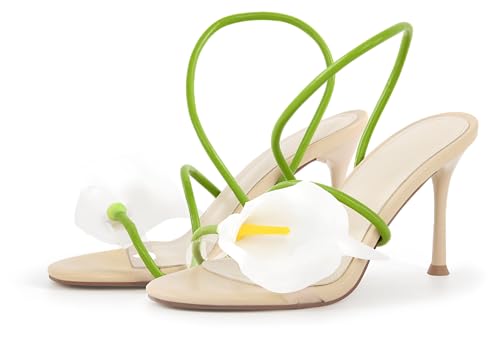 MissHeel Flower Heels for Women Nude High-Heel Green Stiletto with Flowers Wedding Shoes Size 7