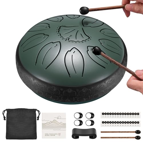 LEKATO Steel Tongue Drum 6 Inch 11 Notes in C Key Stainless Alloy Balmy Ethereal Drum with Song Book Carry Bag Drum Mallets Mini Handpan Percussion for Meditation Mind Healing Gift(Green)