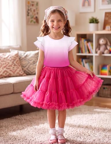 Image of Girls T Shirts Ruffle Short Sleeve Round Neck Loose Blouse Summer Solid Color Casual Girl Tee Tops for 3-12 Years