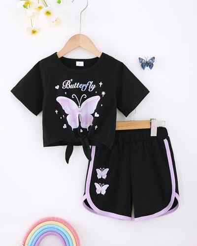 Image of Jecson Girls Summer Outfits 2Pcs Kids Clothes Girls Tie Knot Front Tops T-Shirts and Casual Short Sets 5-12Y