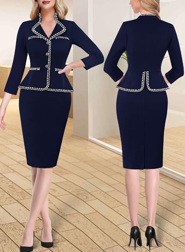 VFSHOW Womens Work Business V Neck Buttons Vintage Church Office Lapel Collared Peplum Pencil Sheath Dress2
