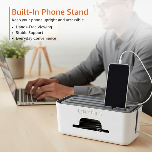 Image of Amazon Basics - Cable Management Box with Mobile Stand - Power Strip, Cords, Wires | Surge Protector Hiding Cover Organizer for Home, Office (White)