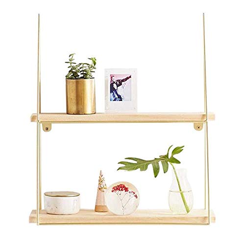 loating Wall Shelves ge Unit Kitchen Bedroom Living Room Wooden and Gold Metal Shelves 2 Layers