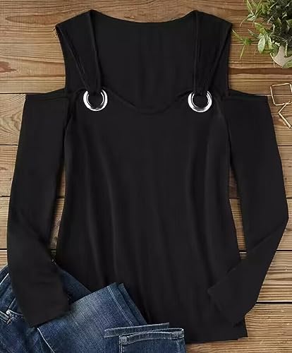 AIMITAG Cold Shoulder Blouse Womens Hollow Out Eyelet V Neck Long Sleeve Shirts Solid Color Cut Out Tunic Tops2