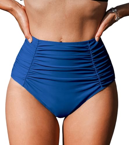 CUPSHE Women's High Wasited Bikini Bottom Shirred Tummy Control Swimsuit Full Coverage Retro Swim Bottom(XS-4XL)