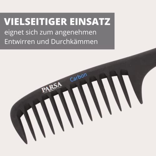 Foto von PARSA Beauty Styling Kamm Carbon Kamm mit Griff und grober Zahnung – Griffkamm grob für einfaches Styling – Karbon Styling Kamm für unterwegs – Entwirrkamm Kamm Styling