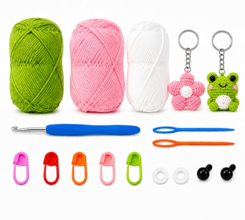 Image of Viharini Crochet Kit for Beginners with Yarn, Hooks, Stitch Markers, Knitting Needles, Eyes, Keychain, DIY Tools & Crochet Thread - Complete Crocheting Set for Adults and Kids (Green Pink White)