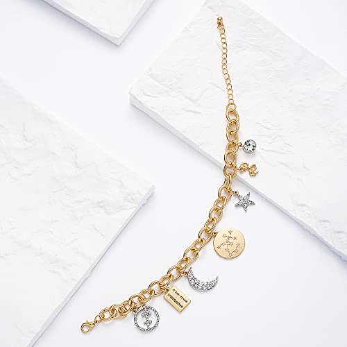 Madison Tyler Personalization Collection Gold Plated And Sliver Two-Tone Sagittarius Zodiac Constellation Symbol, Name Plate, Moon, Constellation, Star, And Stone Charm Chain Bracelet For Women Gifts #TOP5