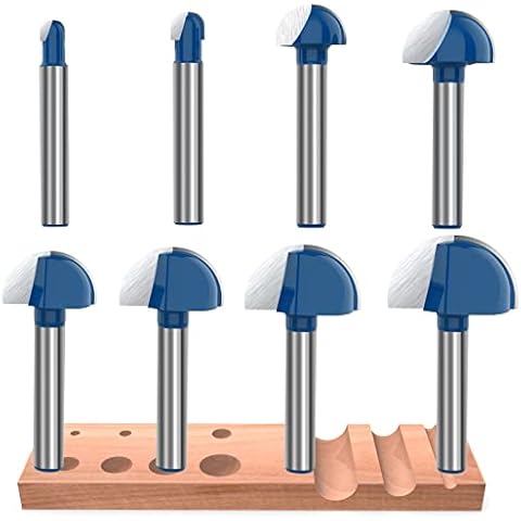 ROOCBIT 1/4 Inch Shank Cove Box Router Bit - 1/4" 5/16" 3/8" 1/2" 5/8" 3/4" 7/8" 1" Cutting Diameter Solid Carbide Double Flute Core Box Round Nose Woodworking Tool 8 Pcs Cover