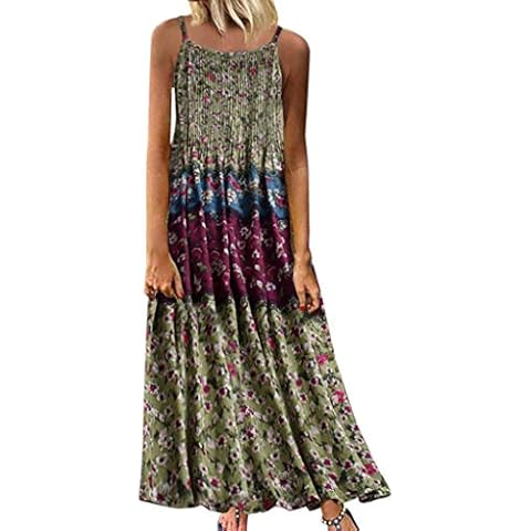 HHmei Women's Linen Print Loose Dresses, Vintage Bohemian Floral Sleeveless O-Neck Straps Maxi Dress Pocket Sleeve Pockets Cocktail Fitted Pull On Floral Blush Yellow Peach Flats Red (Green M) Cover