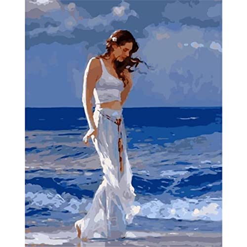 Yscolor Pintura Por Números Para Adultos Principiantes Dibujo Pintura Con Pinceles Vestido Blanco Camina En La Playa Pintura Por Números Decoración De La Pared Del Hogar 40X50Cm