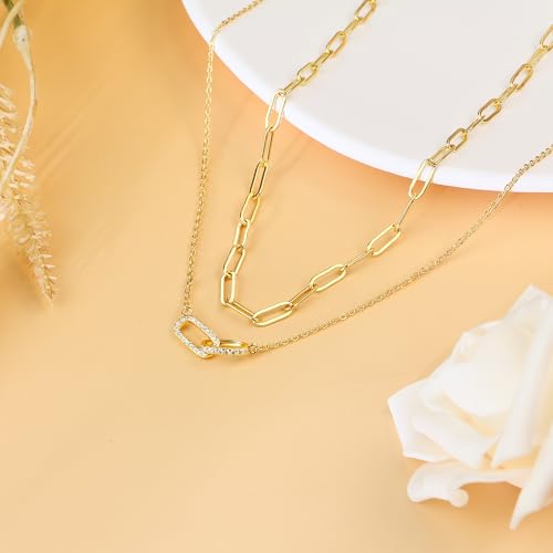 2 Pcs Gold Paperclip Necklace for Women, Layered Paper Clip Necklace Dainty Gold Choker Jewelry with Open Oval Zircon as Paperclip Chain Jewelry Summer Trendy Layering Necklace Set4