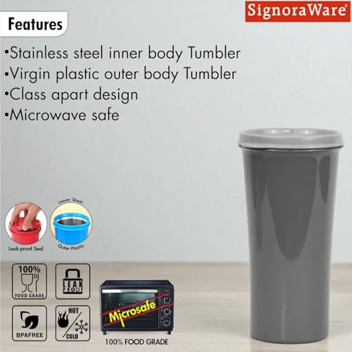 Image of SignoraWare Monarch Stainless Steel Tumbler | Airtight & Leakproof | Easy to Carry & Clean | Ideal for Cold Beverages | Perfect for Office, School, Home & Outdoor Use (650ml | Grey)