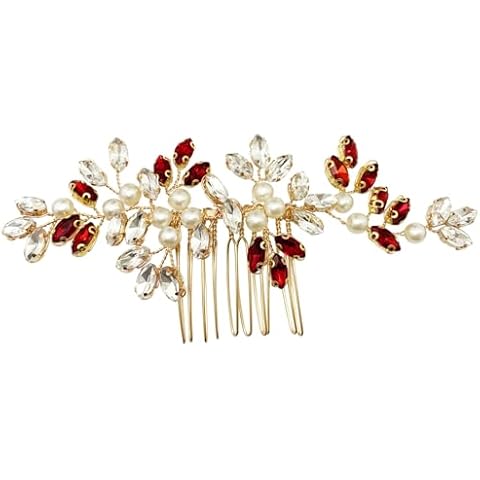BETITETO Pearl Crystal Hair Comb Bridal Red Rhinestone Gold Vine Hair Piece Accessories for Wedding Women Cover