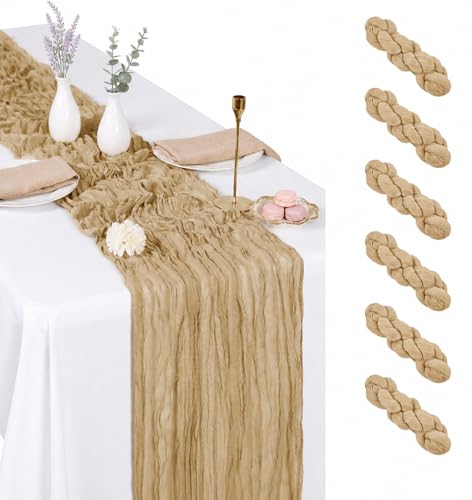 6 Pack Beige Cheesecloth Table Runner 17x108 Inch Boho Rustic Semi Sheer Gauze Cheese Cloth Table Runner for Wedding Bridal Shower Baby Shower Party Farmhouse Dining Table Decor
