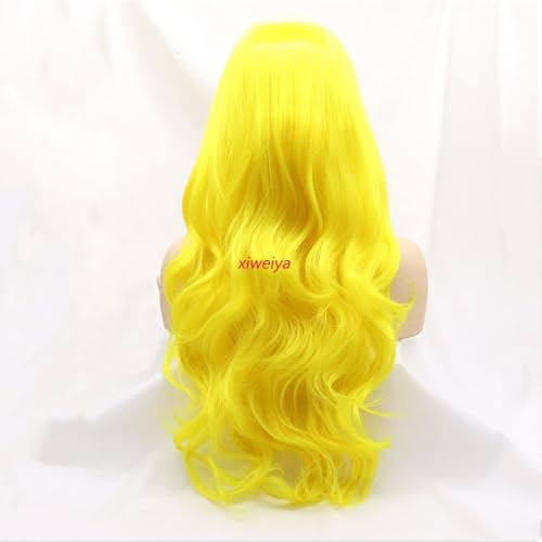Xiweiya Ombre Yellow Wavy Synthetic Wigs Middle Part Long Wavy Yellow Wig Heat Resistant Fiber Half Hand Tied Wig For Women 24inch - Image 4