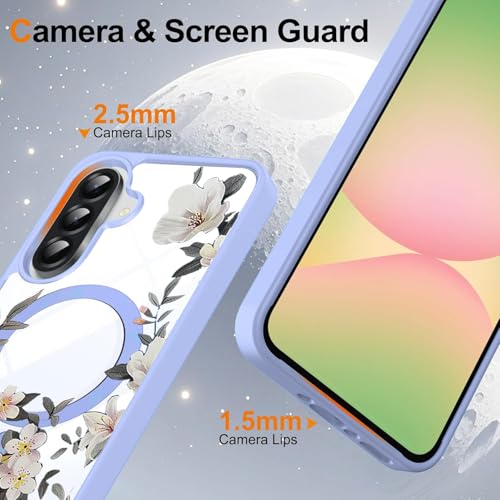 Image of VONZEE Compatible with Samsung Galaxy A36 5G Case Luxury Retro Flowers Floral Clear for Magnetic Wireless Charging Case Shockproof Case PC+TPU Cute Glossy Shiny Cover for Girls Women, Official Blue